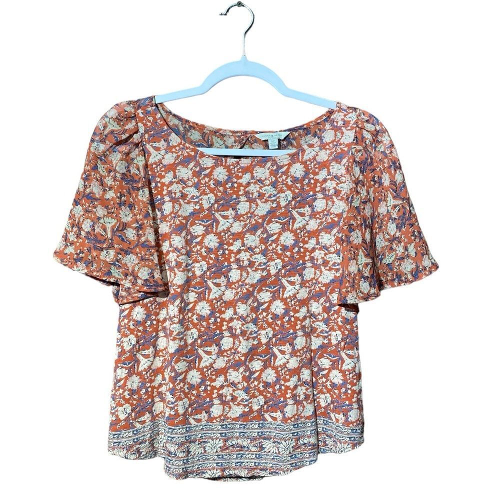 Lucky Brand Mixed Media Flutter Sleeve Boat Neck Top Keyhole Back Women's Small